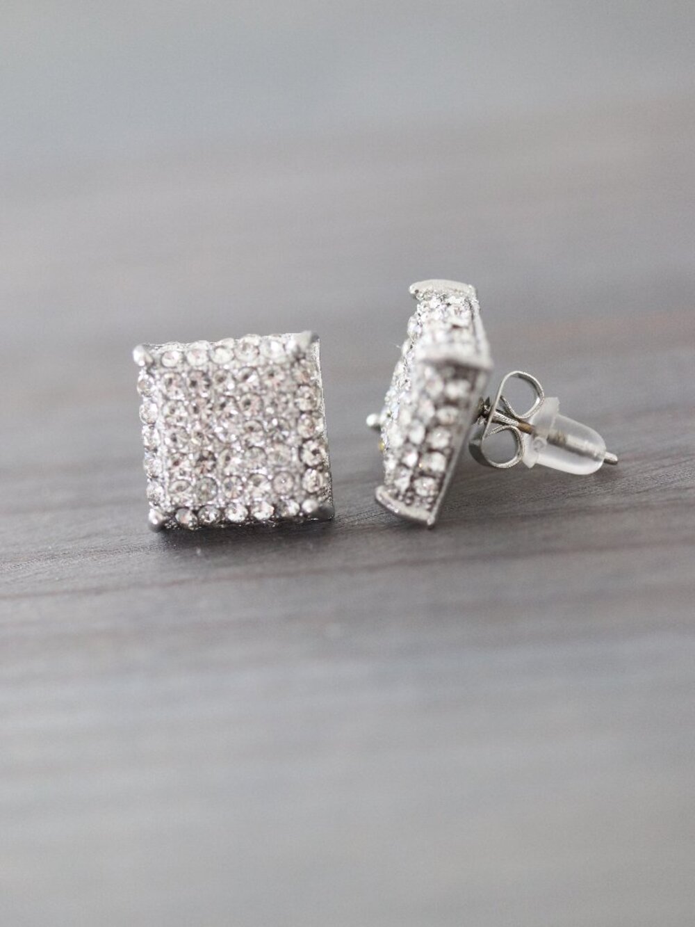 12mm Square Pave Style with Side Stones CZ Diamonds Stud Earrings Silver Plated